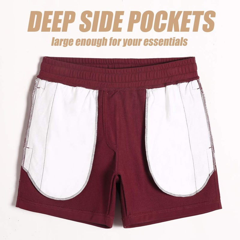 maamgic Mens Athletic Gym Shorts 5.5" Elastic Waist Casual Pajama Pocket Jogger Men Workout Short Pants Wine XX-Large - Image 4